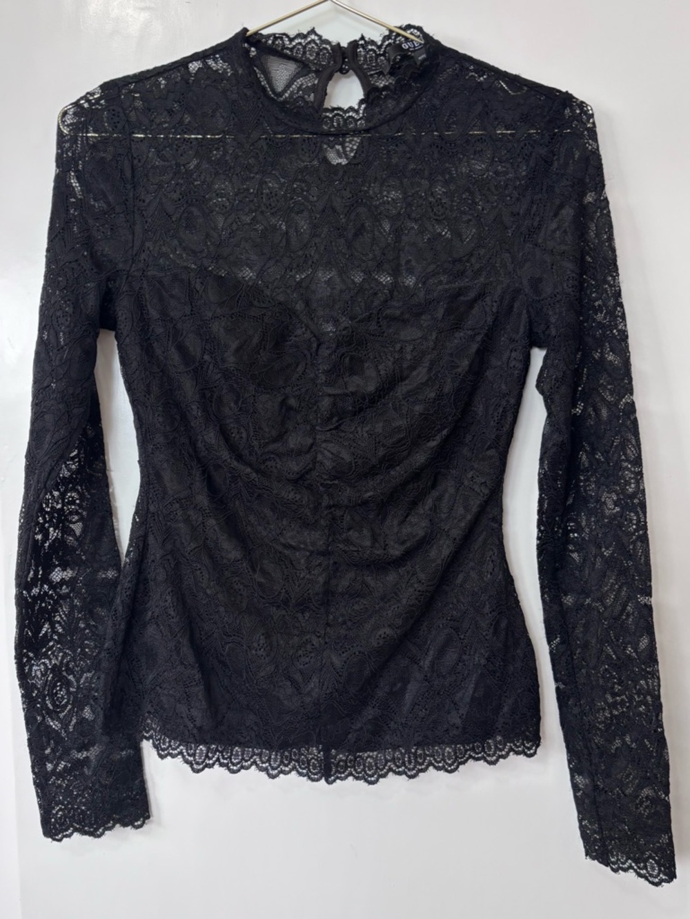Guess| Black Ruched Lace Long-Sleeve Lined Sweetheart Neck Blouse Sz S